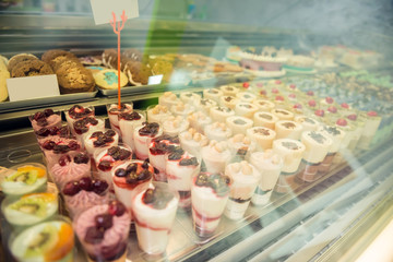 Glass case with desserts