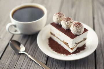 Coffee and cake as a morning meal. Tasty food background