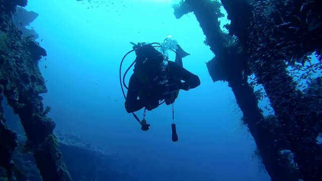 A diver swims inside wrecked ship SS Carnatic, Red Sea 