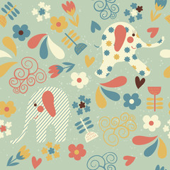 Seamless pattern with elephants and flowers