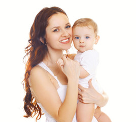 Portrait of happy smiling mother and baby together on a white ba