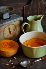 pumpkin puree in a vintage skillet 