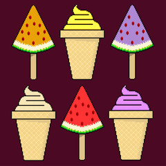 set of pixel ice cream on a background