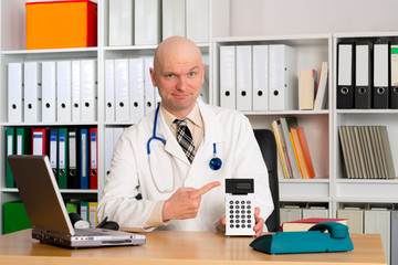 young friendly family doctor with pocket calculator