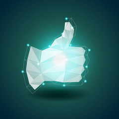 Luminous polygonal hand thumbs up vector background