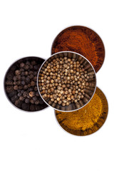 Curry, pepper,  paprika and coriander - white background.