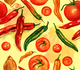 Seamless pattern of tomatoes, chili peppers and shallot onion