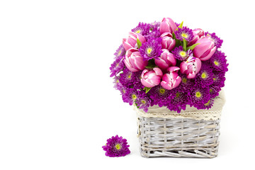 Bouquet made of tulips and chrysanthemum flowers