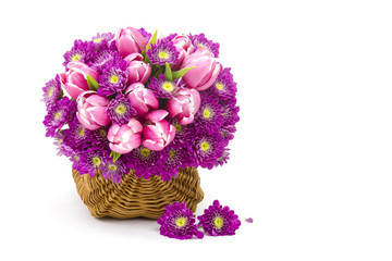 Bouquet made of tulips and chrysanthemum flowers