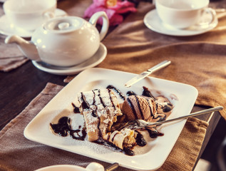 Sweet cake with ice cream