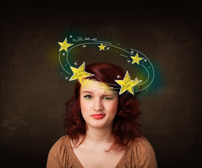 girl with yellow stars circleing around her head illustration