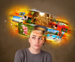 girl with colorful glowing photo memories concept