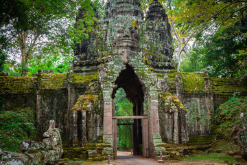 Ancient Khmer architecture. Amazing view of Bayon temple at suns