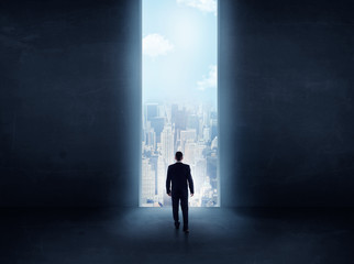 businessman in front of the huge gate