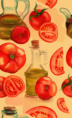 Seamless watercolor tomatoes and olive oil bottles pattern 
