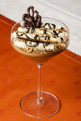 Chocolate mousse in glass with decoration