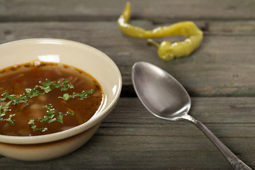 Bean soup in rustic bowl