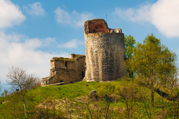 Fototapeta na wymiar Ruins of the castle Michalovice with leaning tower.