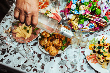 Table with food and drink. traditional wedding banquet.
