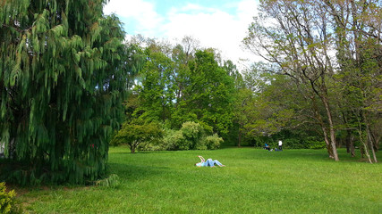 Fototapeta na wymiar Close to nature. Spring weekend in the city park on green grass
