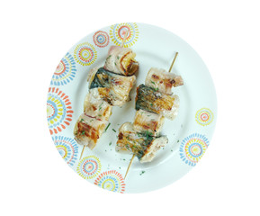 kebabs mackerel, banana and bacon