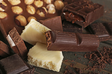Set of chocolate with hazelnut, closeup