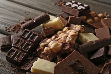 Set of chocolate with hazelnut, closeup
