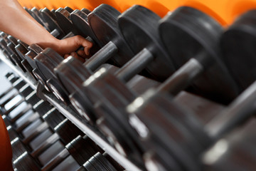 Variety of barbells in sport club 
