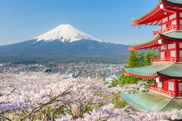 Red pagoda with Mt. Fuji as the background - 83075323