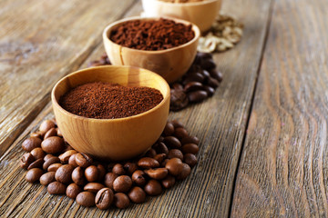 Various of coffee in small dishes on wooden background