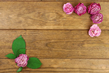 Beautiful dry flowers and leaves on wooden background