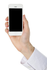 Hand holding mobile smart phone isolated on white