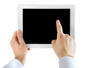 Male hands holding digital tablet isolated on white