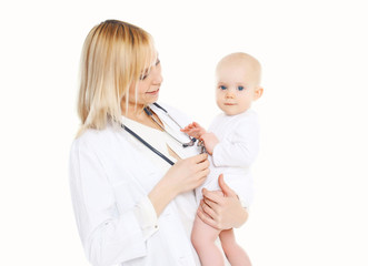 Young woman doctor holding baby on hands