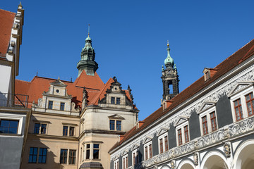 Fototapeta na wymiar View from Stallhof toward roof of George Gate, Dresden, Germany.