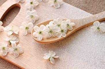 spring blossom wooden plank culinary background