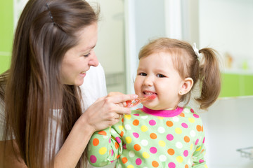 mother teaching child teeth brushing