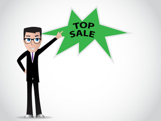 Businessman character pointing on green stamp