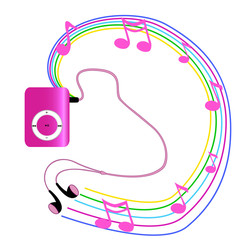 Real pink mp3 player with headphones isolated on white backgroun