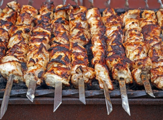 Delicious meat kebabs on skewers 