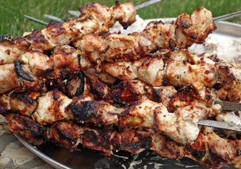 Delicious meat kebabs on skewers 