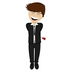 A brown haired boy with a rose behind his back