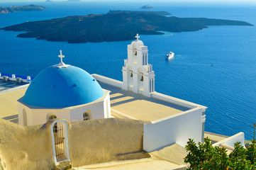Fototapeta na wymiar Beautiful blue domed church, Santorini, Greece, Europe.