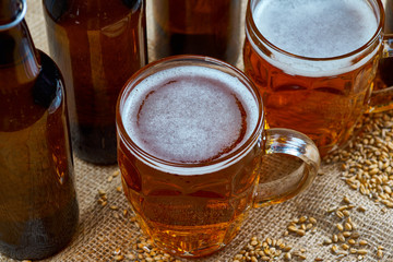 Glass and bottles of beer