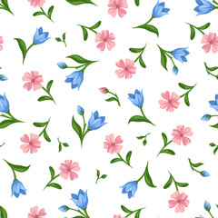 Seamless pattern with pink and blue flowers. Vector illustration