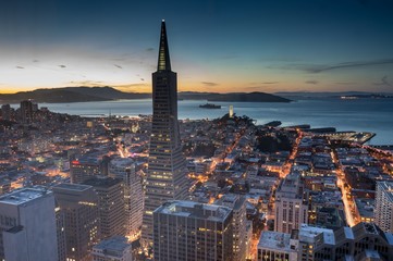 Aerial Views of San Francisco Financial District and Bay at Dusk