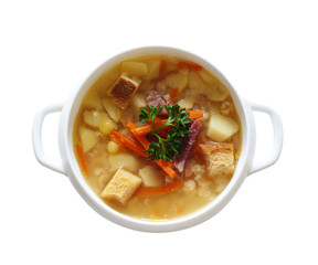 Peas soup isolated over white