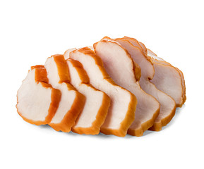 Chicken fillet smoked whole and sliced isolated. © yvdavid