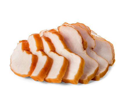 Chicken fillet smoked whole and sliced isolated.