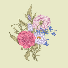 Gentle Retro Summer Floral Greeting Card, Vintage Bouquet